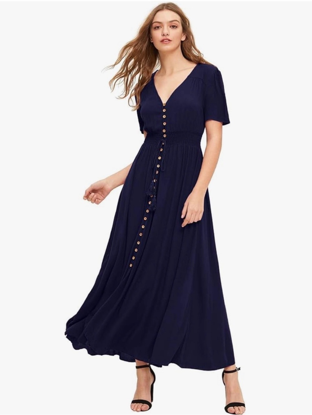 Navy Button-Front Maxi Dress with Short Sleeves